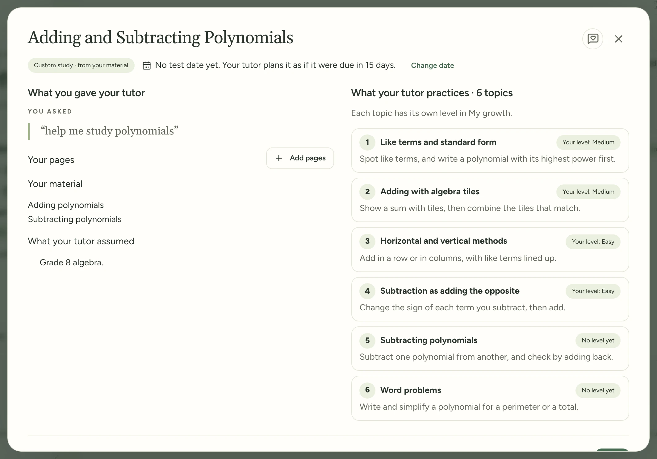 The study's details, with its topics on the right and the Add pages button.