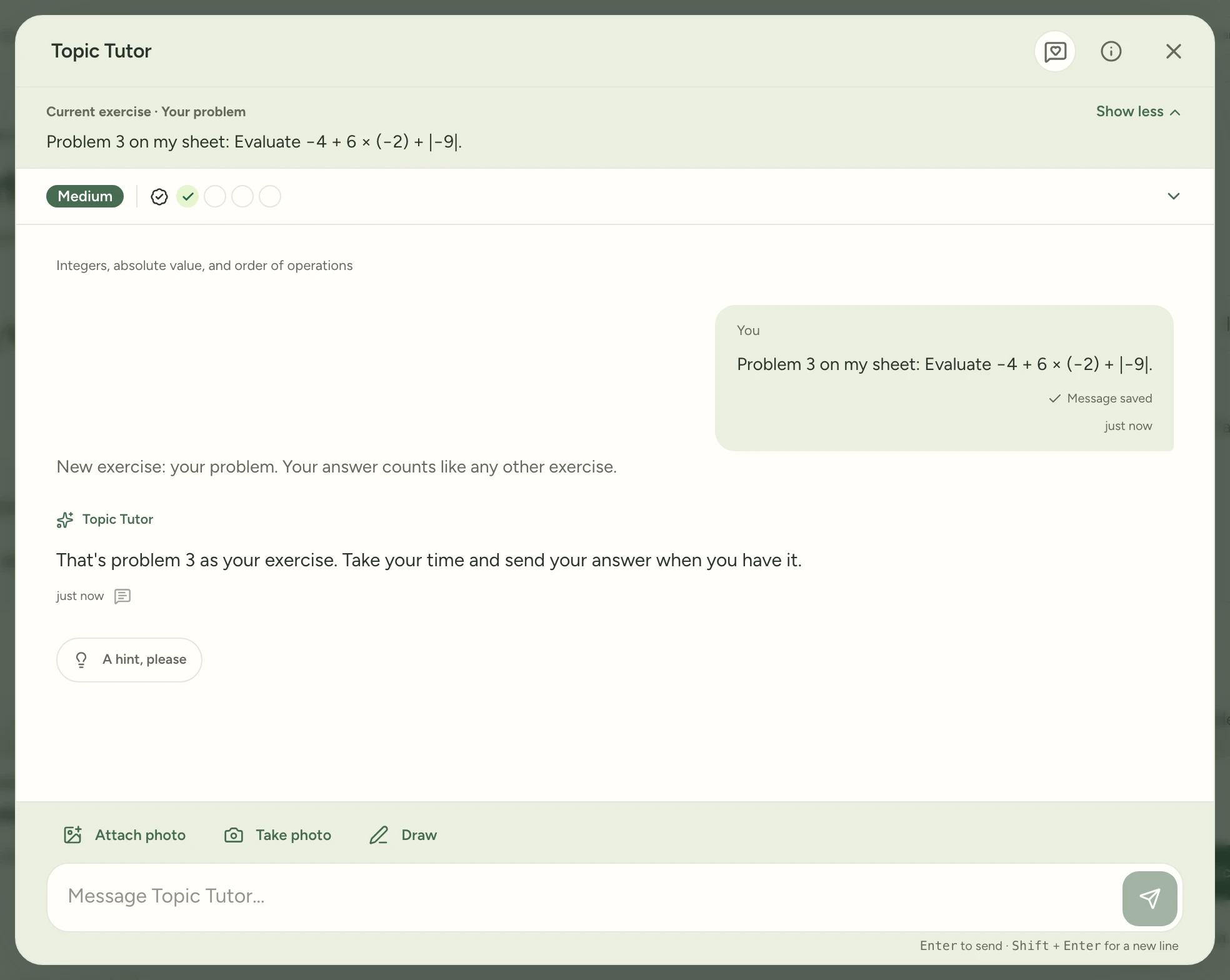 Topic Tutor's chat with the exercise marked Your problem.