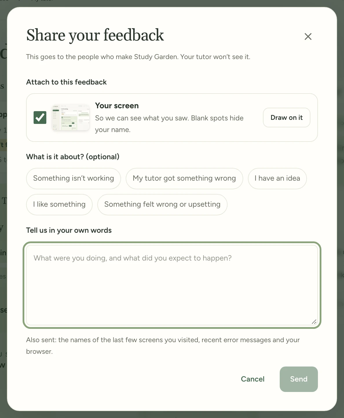 The feedback form, with Your screen ticked, Draw on it beside it, and Send at the bottom.