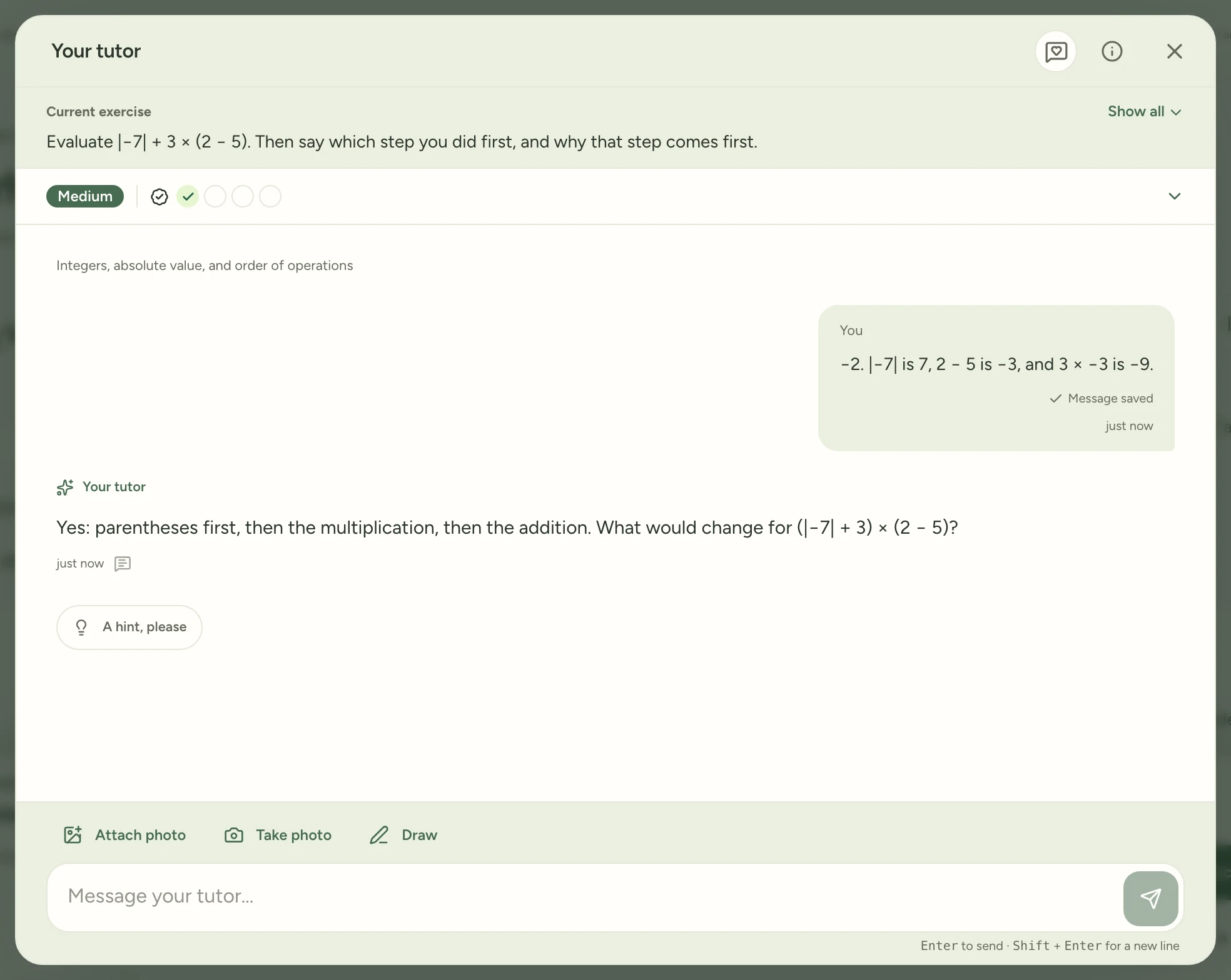 The tutor's chat, with the exercise folded to one line above it and Show all beside it.