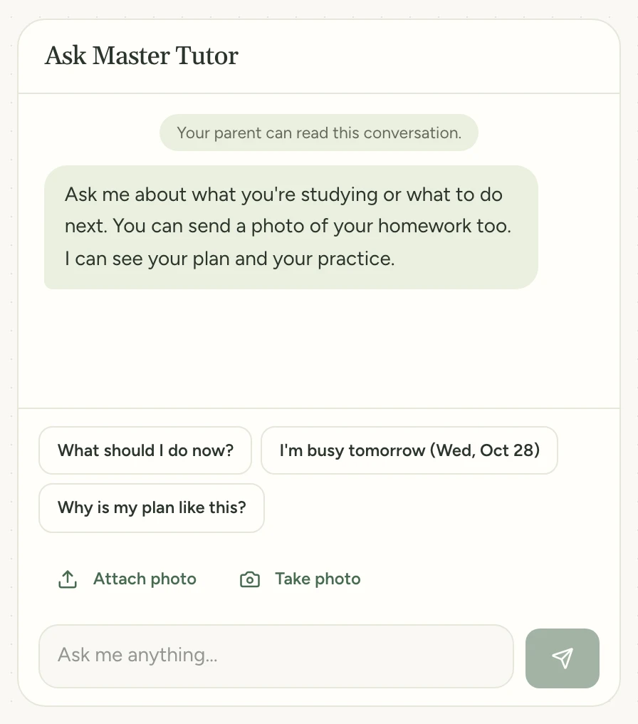 Master Tutor's chat on the home page, with Attach photo above the message box.