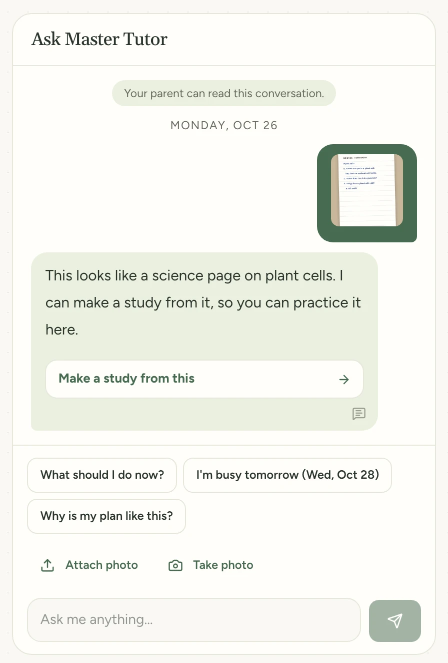 Master Tutor's reply to a photo of a science page, with a Make a study from this button.