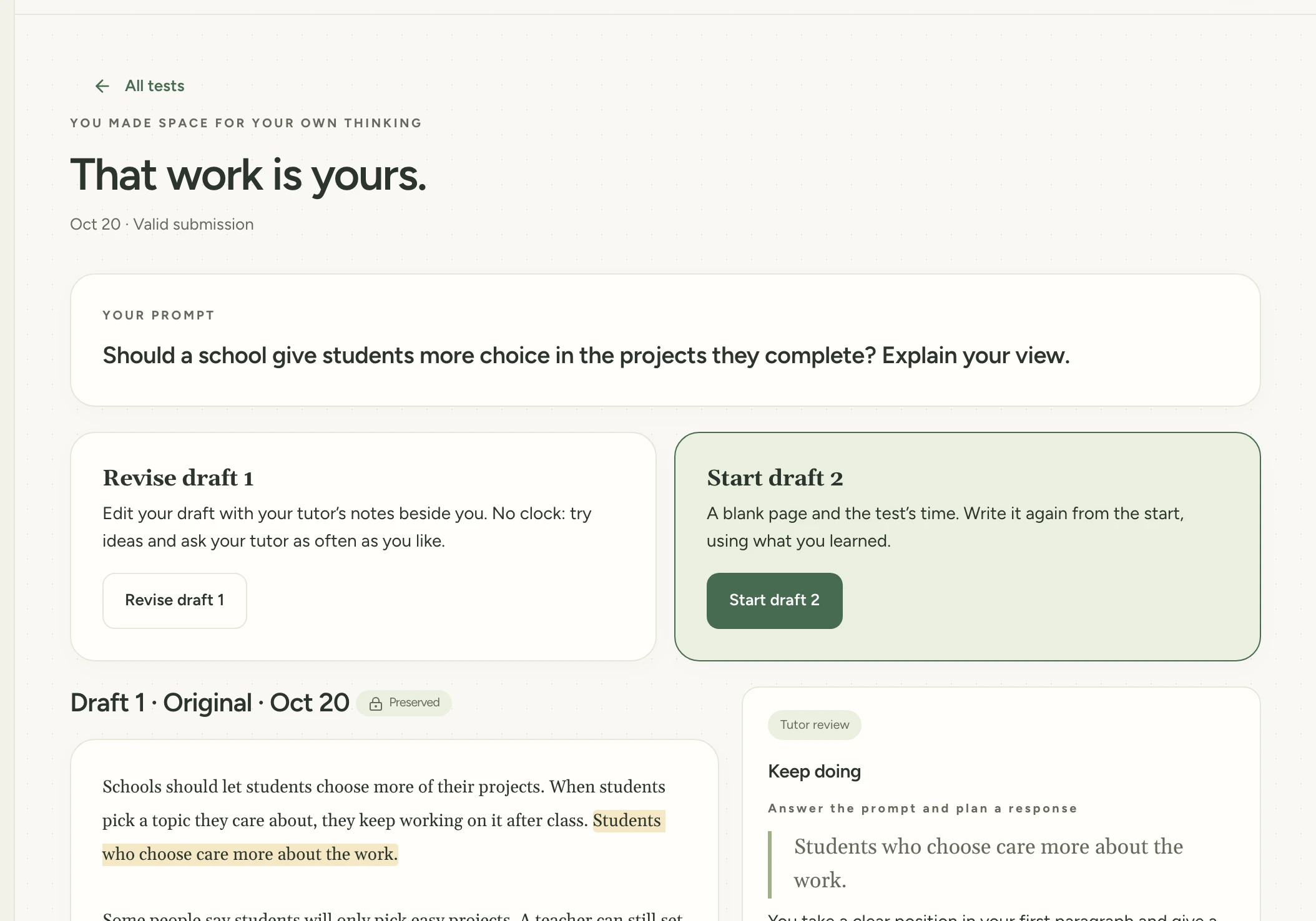 An essay's page with two choices side by side, Revise draft 1 and Start draft 2.